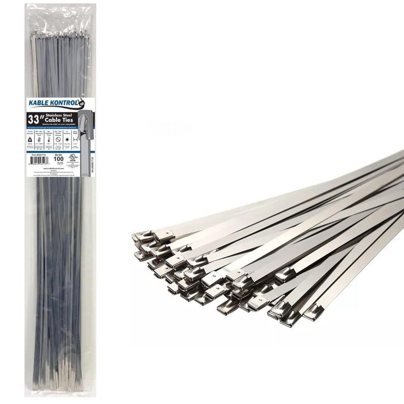 Kable Kontrol Metal Zip Ties 33 Inch 100 Pcs, 200 Lbs Tensile Strength, Self-locking Multi-Purpose 304 Stainless Steel Heavy Duty Cable Ties Ideal for Exhaust Wrap, Outdoor and Indoor Use - Image 1